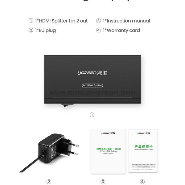 Bộ chia HDMI 1 ra 2 Ugreen 40201 hỗ trợ 4K*2K 3D HDCP 19 40201 19