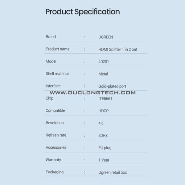 Bộ chia HDMI 1 ra 2 Ugreen 40201 hỗ trợ 4K*2K 3D HDCP 2 40201 2