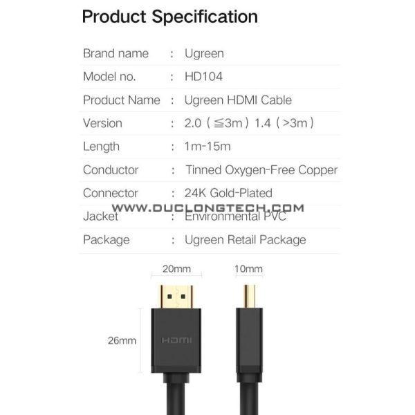 Cáp HDMI dài 1m Ugreen 10106, hỗ trợ Ethernet 3D 4K@60hz HDR 18Gbps 6 DP101 5